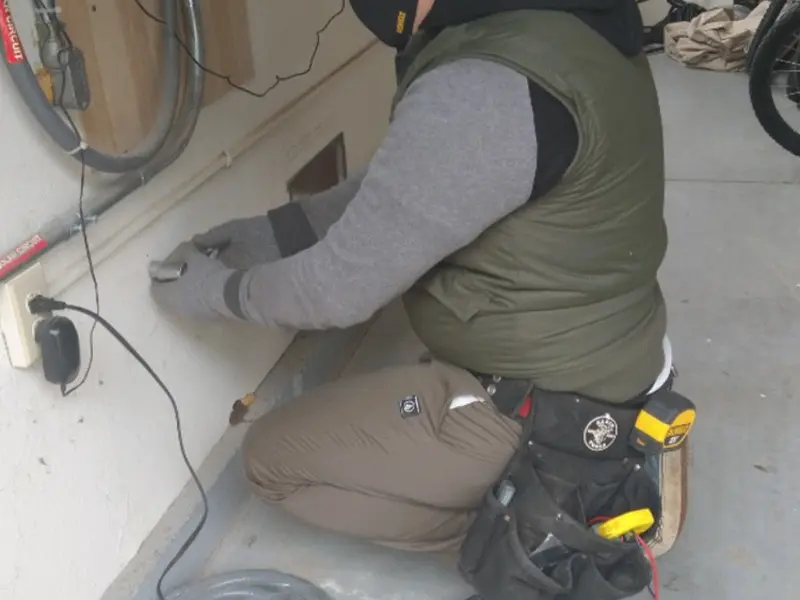 Electrician performing outlet wiring in a Middle River garage